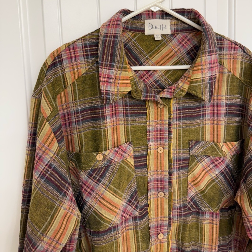 Oli & Hali Mineral Washed Plaid Shirt raw edge sz M - Picture 4 of 7